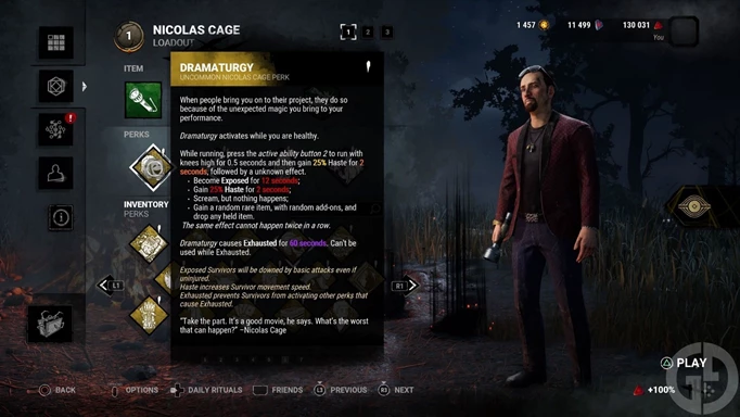 Nicolas Cage and his Perk, Dramaturgy, in Dead by Daylight