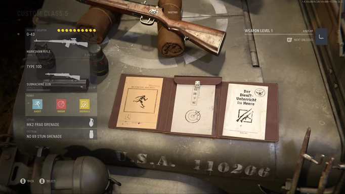 A loadout menu with a dossier file on a crate.