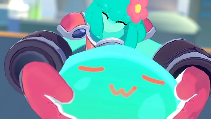 A character from Omega Strikers hugging a round green creature