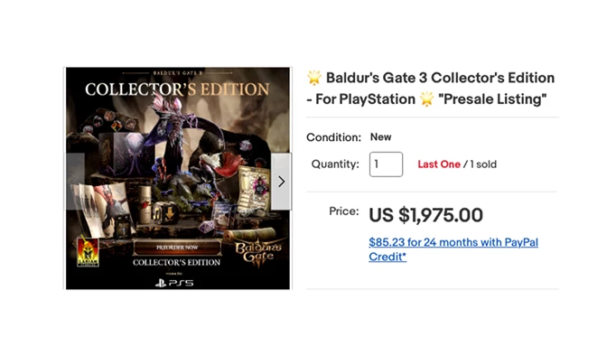 The eBay listing for a sold Baldur's Gate 3 Collector's Edition.