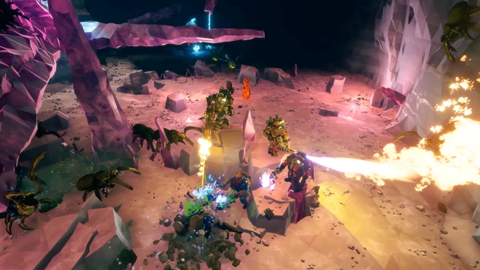 A battle with aliens in Deep Rock Galactic.