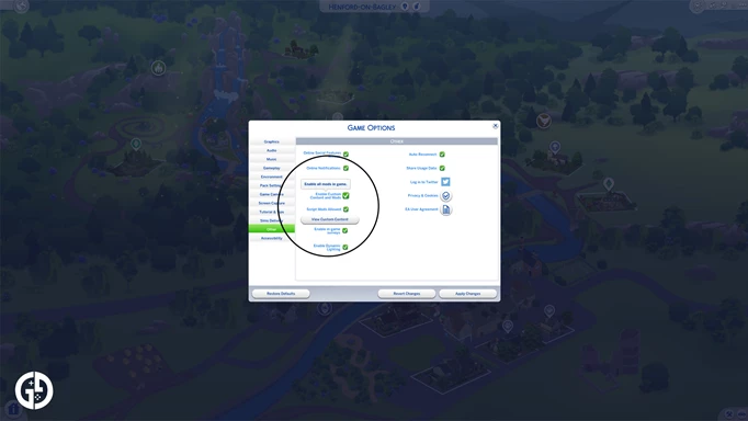 Image showing how to enable mods in The Sims 4