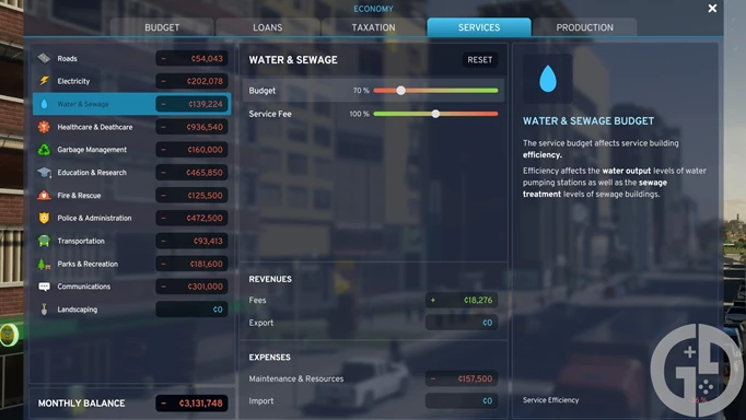Image of the expenses screen in Cities Skylines 2