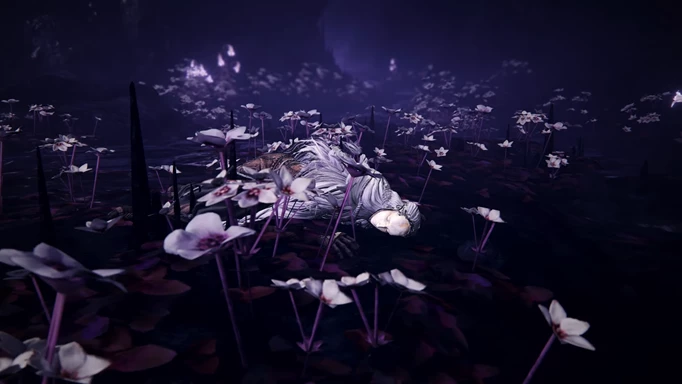 Image of a masked character lying in a field of flowers in Elden Ring Shadow of the Erdtree
