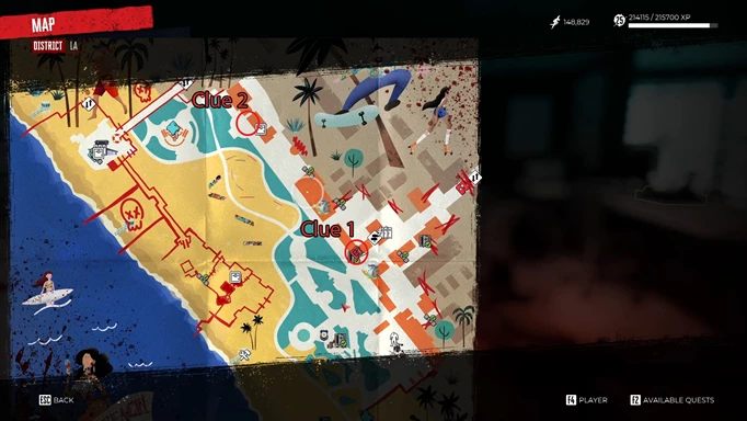 an image of the Dead Island 2 map showing the Drunk and Disorderly journal locations in Venice Beach