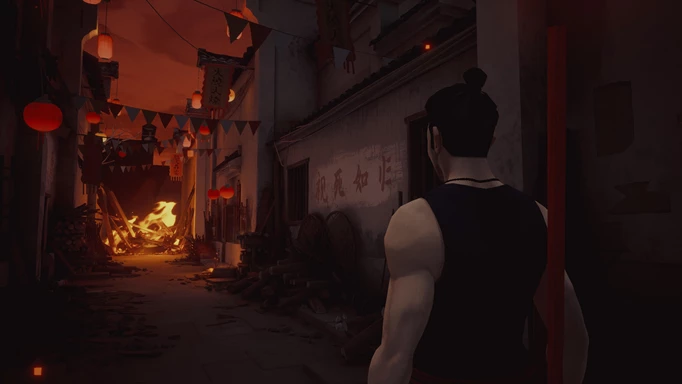 Sifu Detective Board: Sean's value's are seen on the walls of a street on fire.