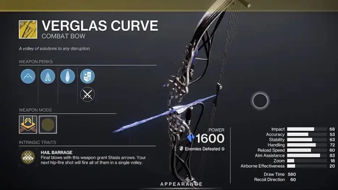 Destiny 2 Verglas Curve: The stat page for the weapon