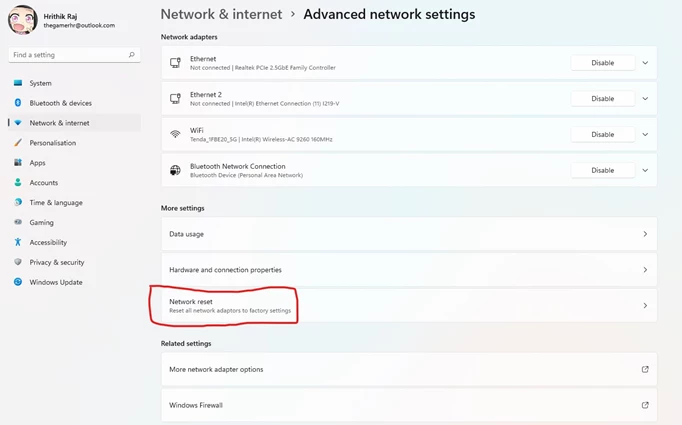Screenshot showing the network reset option on a PC
