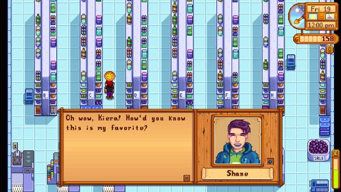 Screenshot of giving Shane pizza, one of his favourite gifts in Stardew Valley