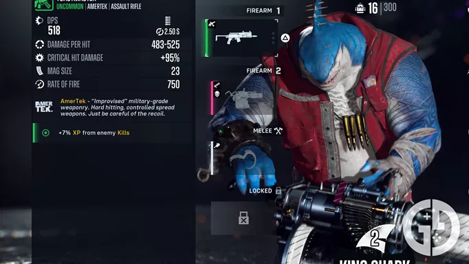 King Shark holding a gun with an XP boost in Suicide Squad: Kill the Justice League