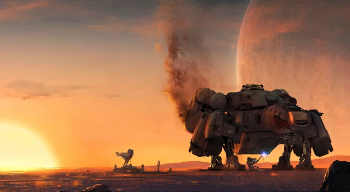 Concept art of a smoking spaceship, set on the backdrop of a setting sun.