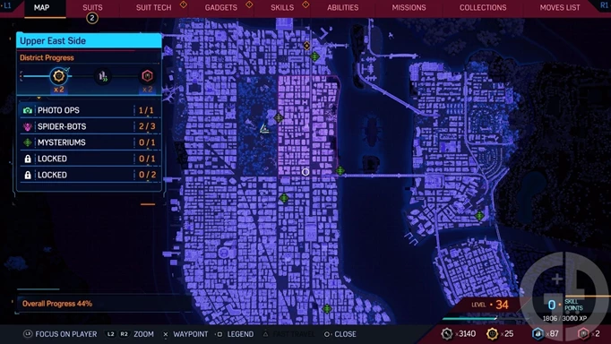 The left side of the map in Spider-Man 2 where you can find the Mysteriums