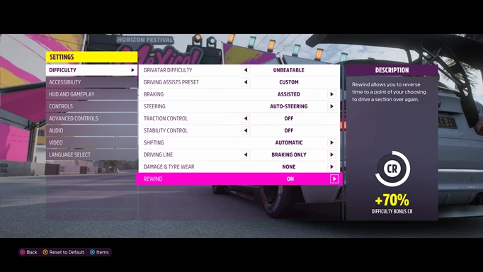 A driver difficulty settings menu.