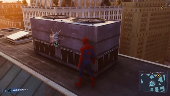 Spider-Man finds a webbed up backpack attached to an air conditioner on the roof of a building