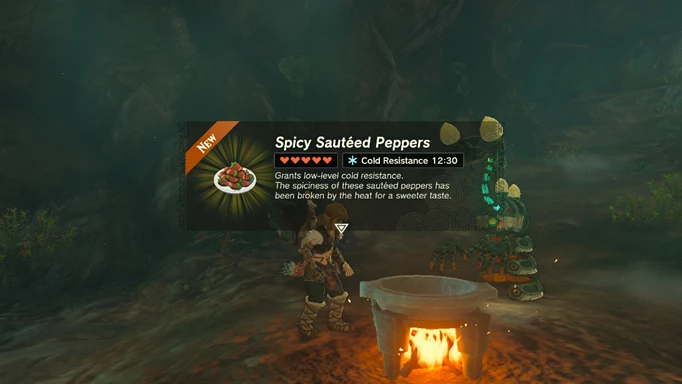 Image shows Link cooking Spicy Sautéed Peppers in Zelda: Tears of the Kingdom