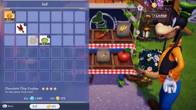 Screenshot of the selling price of Chocolate Chip Cookies in Disney Dreamlight Valley