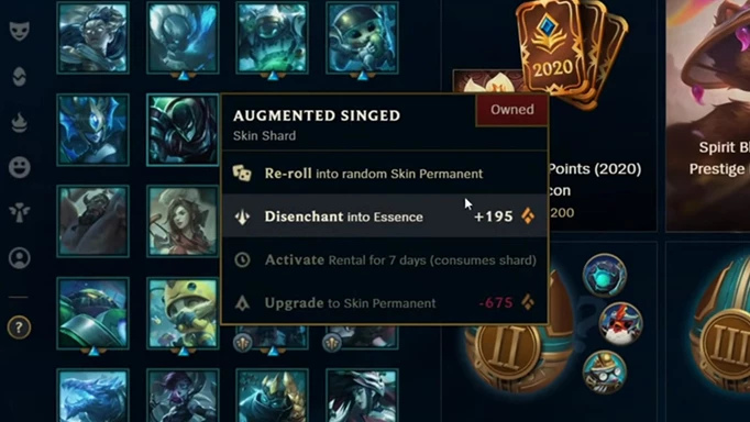 The options for using a skin shard in League of Legends