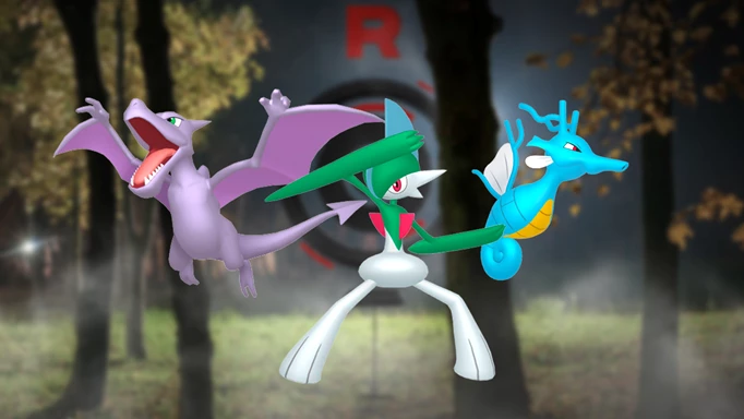 Aerodactyl, Gallade, and Kingdra in Cliff's team