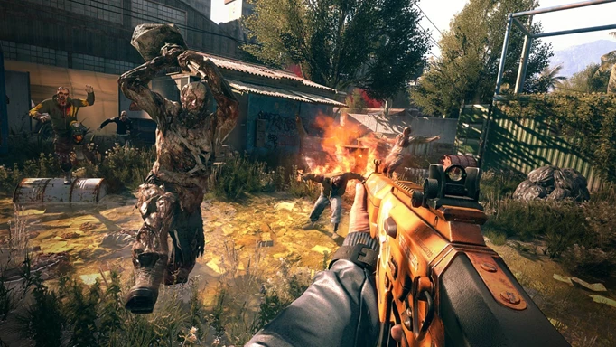 Dying Light key art of the player shooting zombies