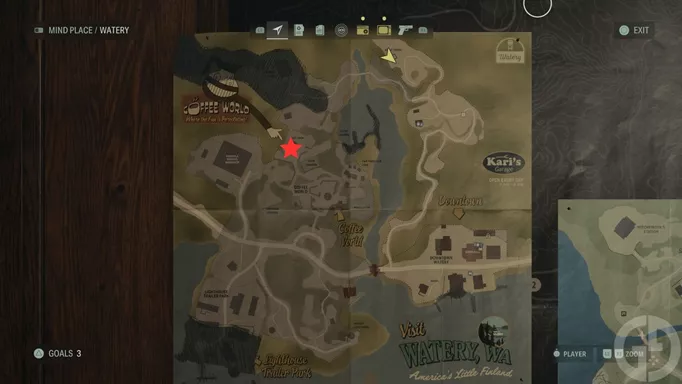 A map showing the location of the Coffee World Gift Shop in Watery in Alan Wake 2