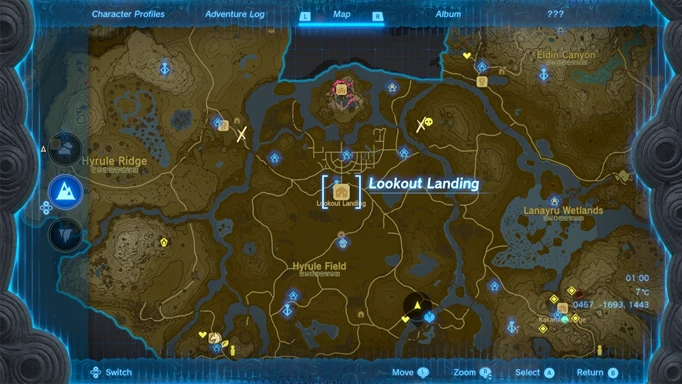 Screenshot of the Lookout Landing map location in Zelda: Tears of the Kingdom