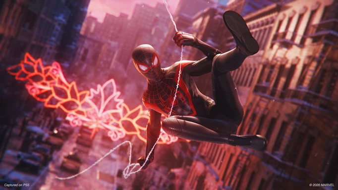 Key art of Miles webslinging in Spider-Man: Miles Morales