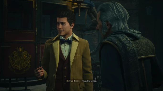 Hogwarts Legacy screenshot showing the protagonist speaking to another character.