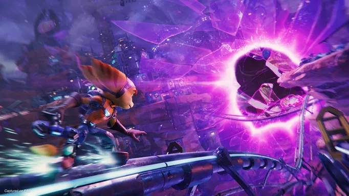 Ratchet about to enter a rift in Ratchet and Clank: Rift Apart
