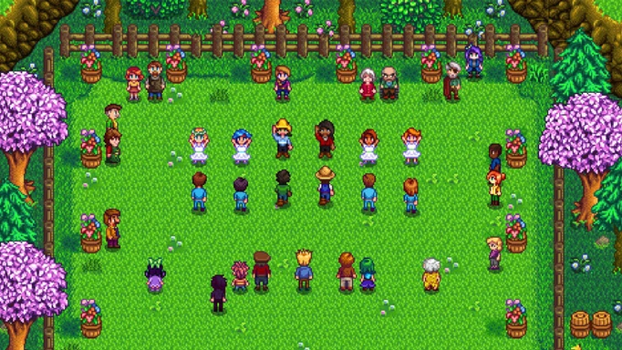 People gather for the Flower Dance in Stardew Valley