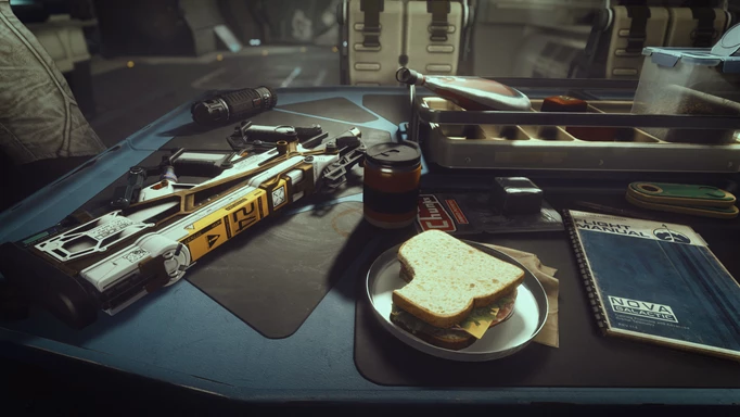 a promo image of a gun and sandwich in Starfield