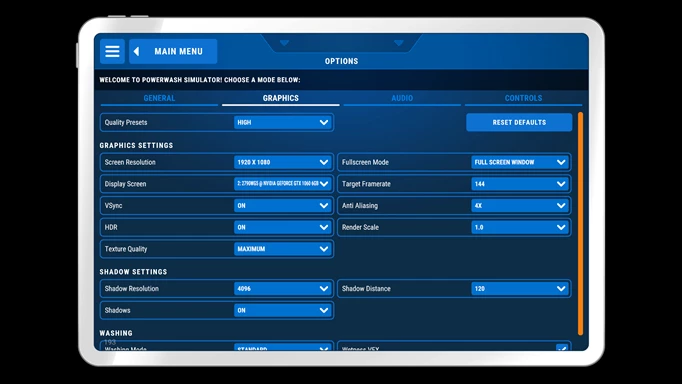 The graphics menu of PowerWash Simulator