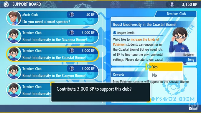 Donating 3,000 BP to the Terarium Club in Pokemon Scarlet & Violet