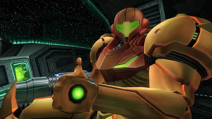 Samus flashing a thumbs-up in Metroid Prime Remastered.