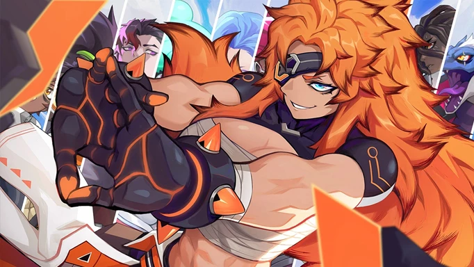 A character from Omega Strikers with bright orange hair, cracking their knuckles