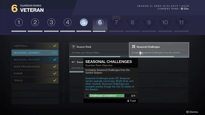 The Guardian Ranks menu in Destiny 2 which shows the challenges needed to reach the next rank