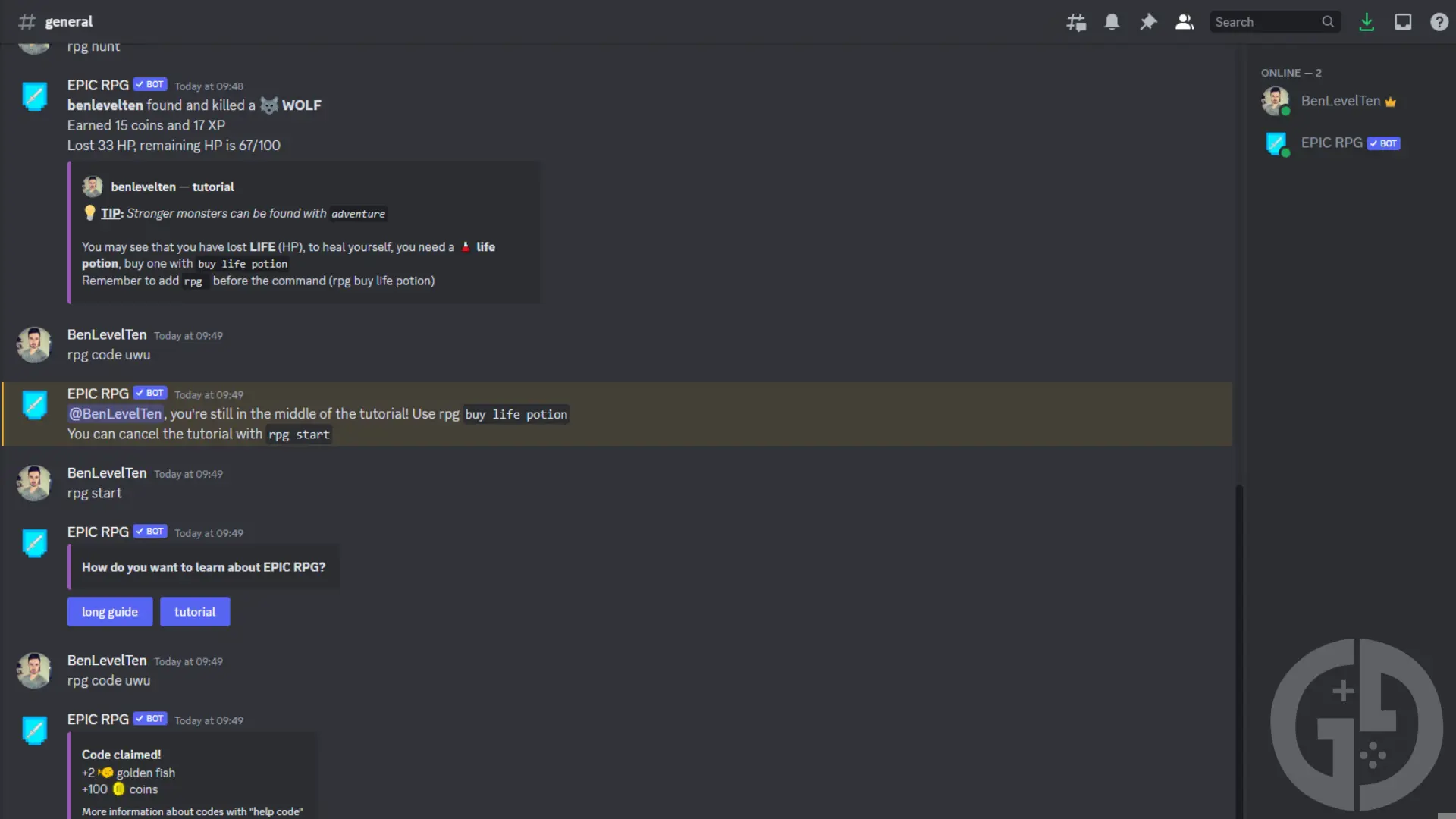 Redeeming EPIC RPG codes when playing the game in Discord