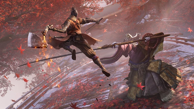 Sekiro leaps up with his axe prosthetic as he fights the Corrupted Monk in Sekiro: Shadows Die Twice