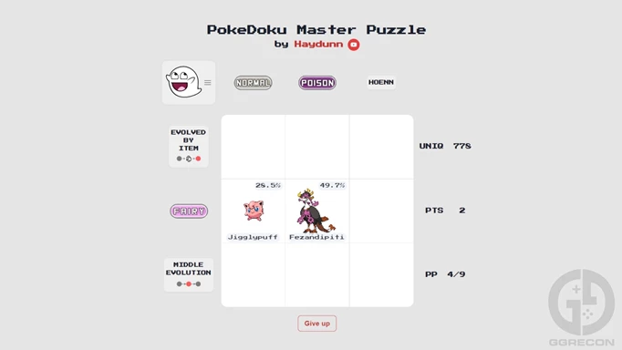 Image of PokeDoku with two answers in the grid
