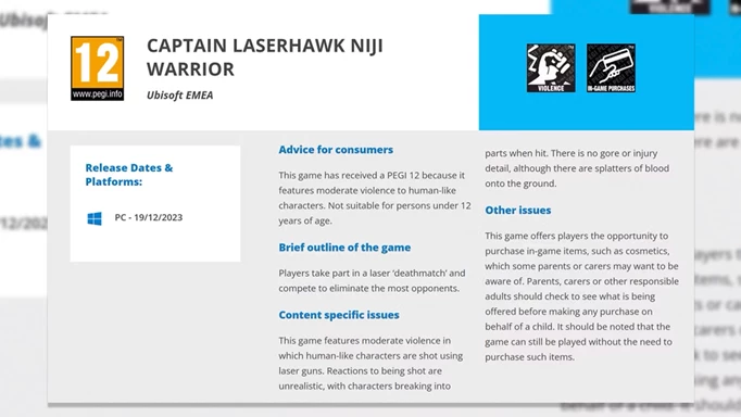 The PEGI board's rating of Captain Laserhawk Niji Warrior.