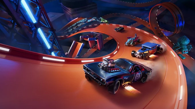 Hot Wheels cars race along the iconic orange track in Hot Wheels Unleashed