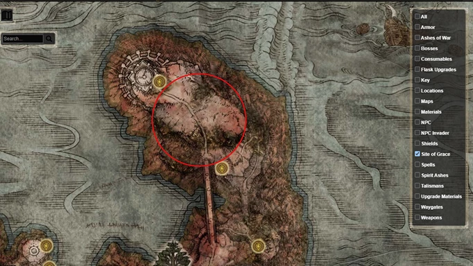 Greyoll's Dragonbarrow on the map, a location for the Caelid rune farm