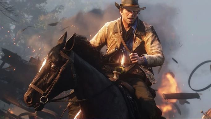 Arthur Morgan riding a horse through an explosion in Red Dead Redemption 2