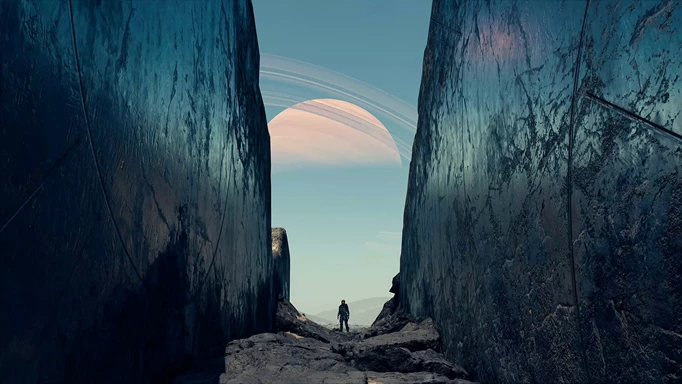 a Starfield promotional image showing a character looking up at a planet