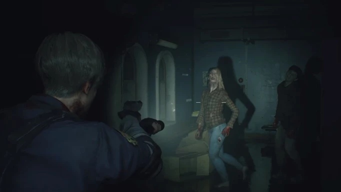 Leon can be seen shooting a zombie