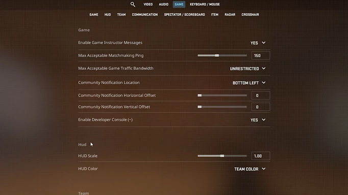 The game settings menu in Counter-Strike 2