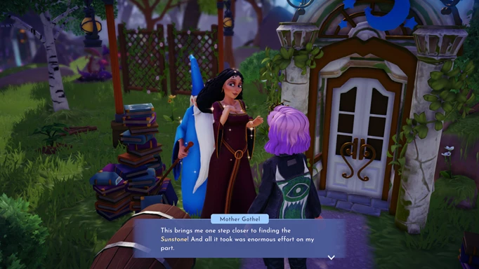 Screenshot of receiving the Sunstone Fragments quests from Mother Gothel in Disney Dreamlight Valley