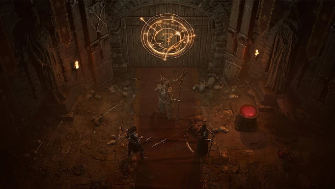an image of Diablo 4 showing three characters approaching a door