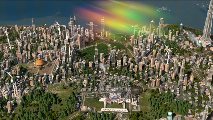 A large city in Ara beside the sea, with a rainbow above