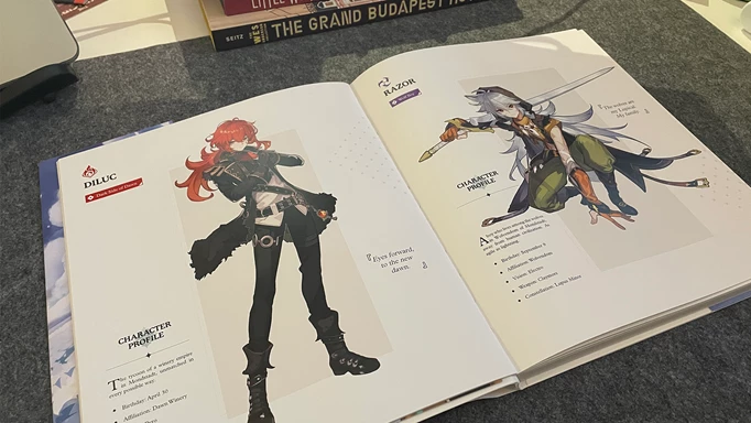 A peek inside the Genshin Impact Art Book Vol. 1, taking a look at the characters Diluc and Razor.
