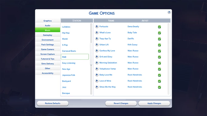 Screenshot showing songs from the R&B station in The Sims 4